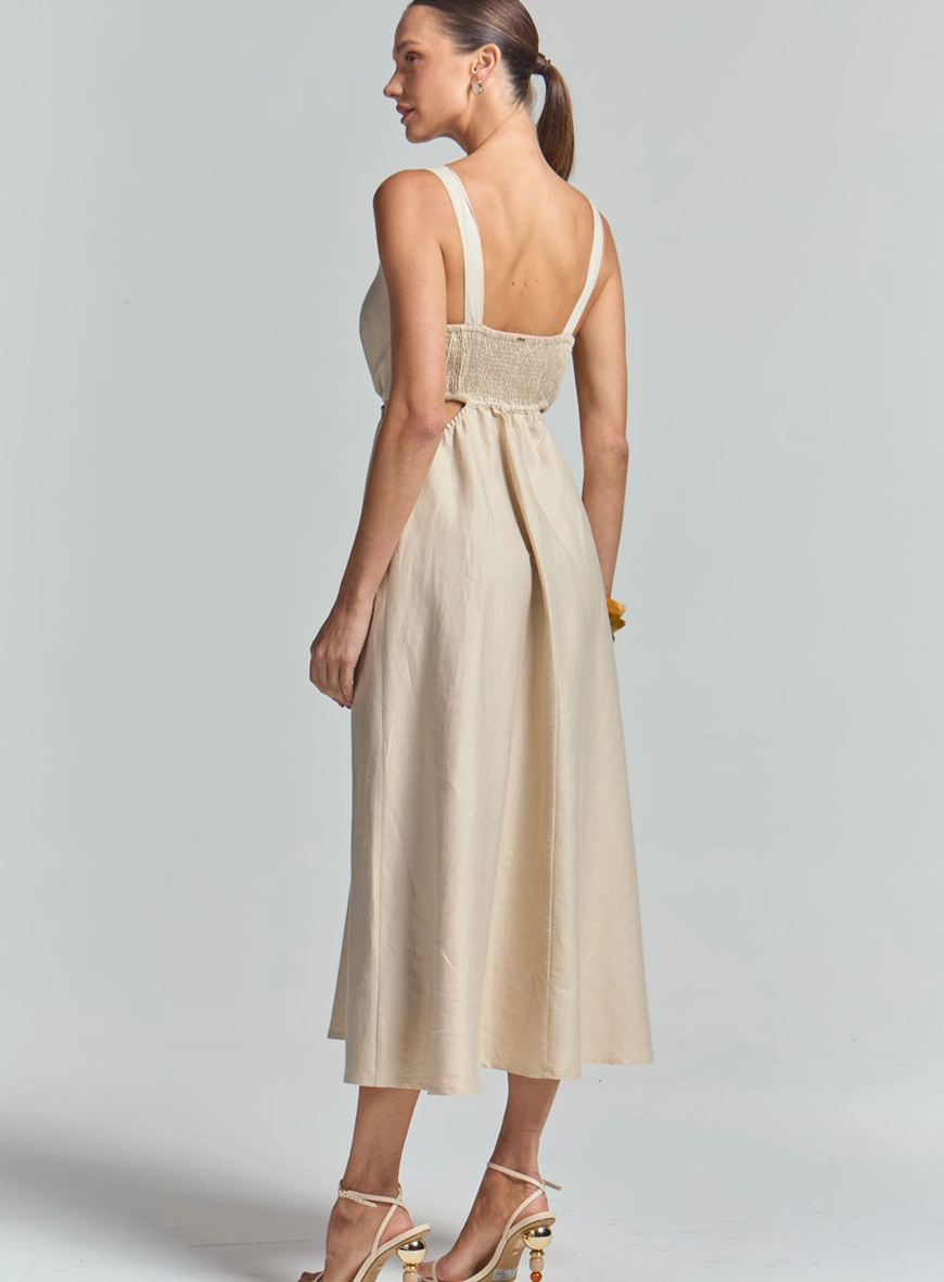 Vestido Midi Godê Decote V Com Lastex Bege 4