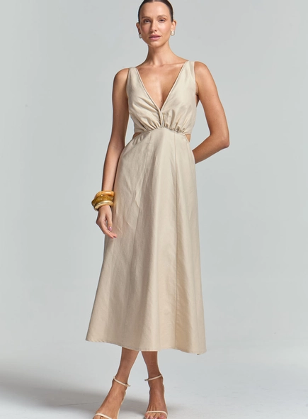 Vestido Midi Godê Decote V Com Lastex