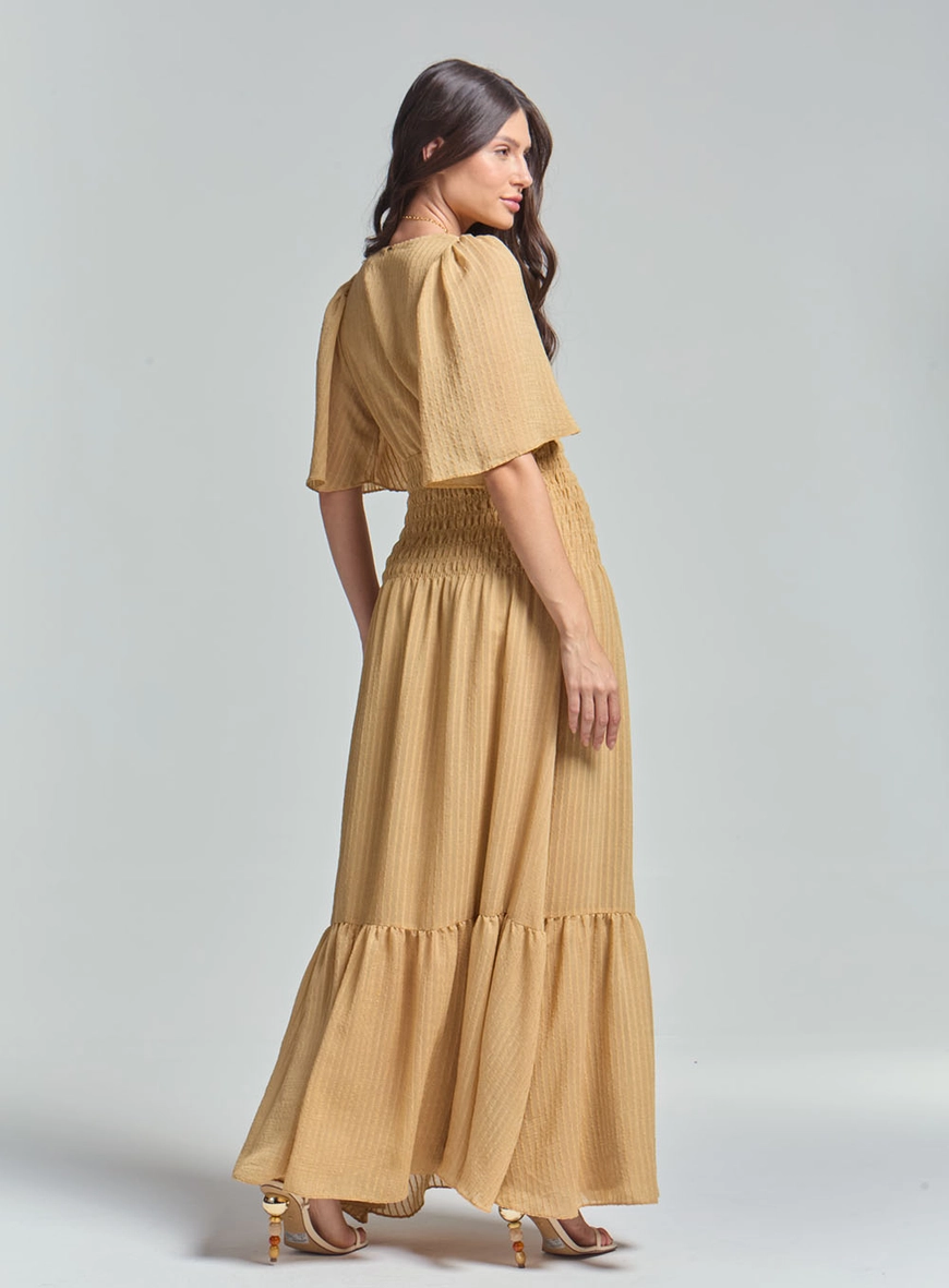 Vestido Longo Godê Com Lastex Acinturado Bege 3