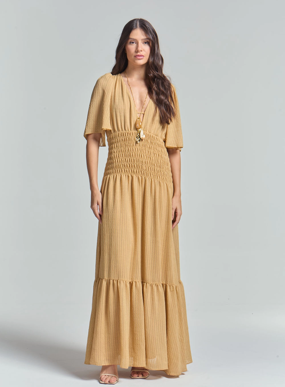 Vestido Longo Godê Com Lastex Acinturado Bege 1