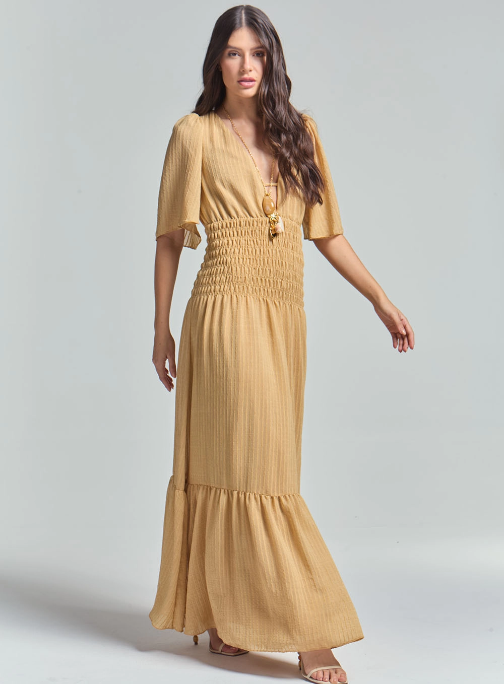 Vestido Longo Godê Com Lastex Acinturado Bege 4
