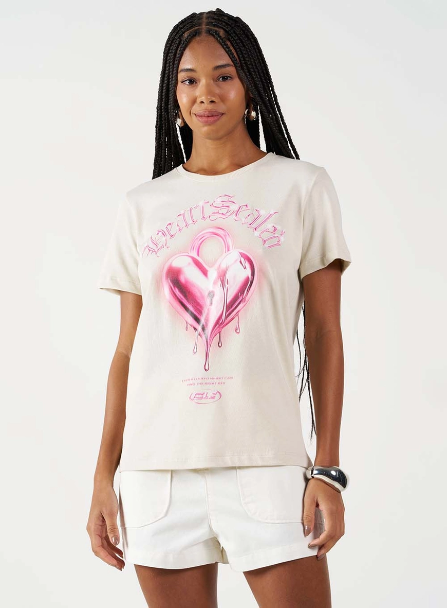 Camiseta Feminina Estampada Básica Regular Bege Italian 1