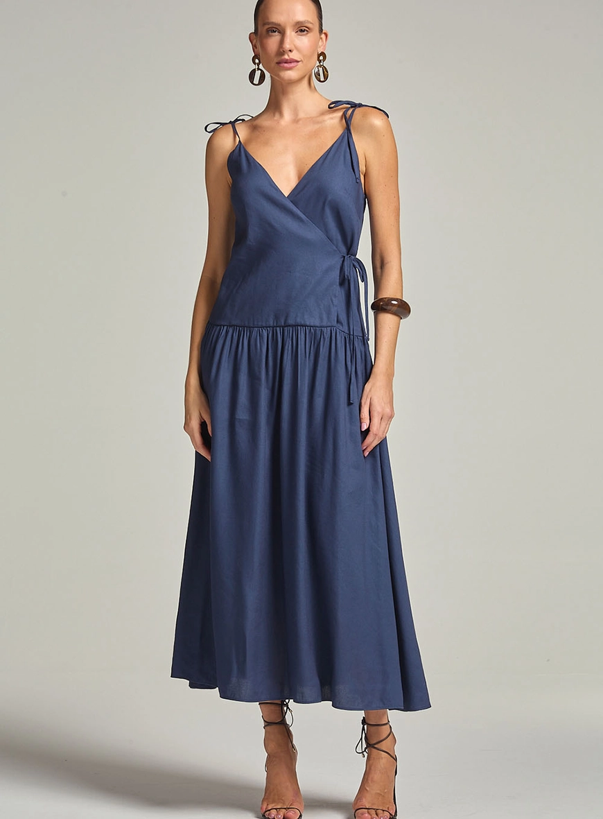Vestido Linho Longo Com Franzido E Amarrações Azul 2