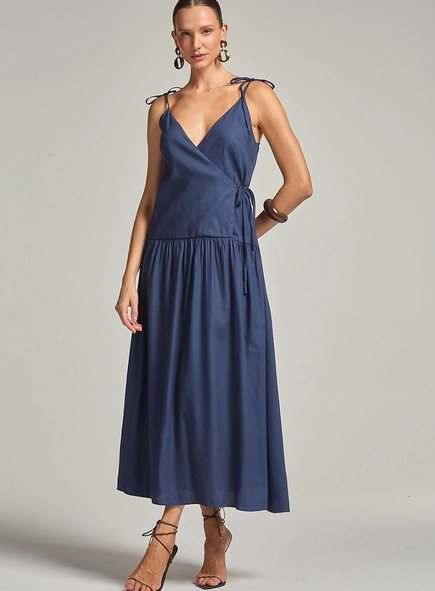 Vestido Linho Longo Com Franzido E Amarrações