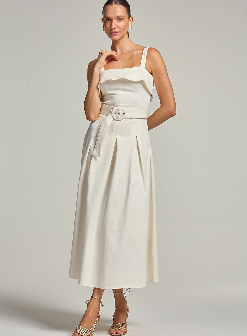 Vestido Midi Com Cinto Decote Quadrado Off Shell 1