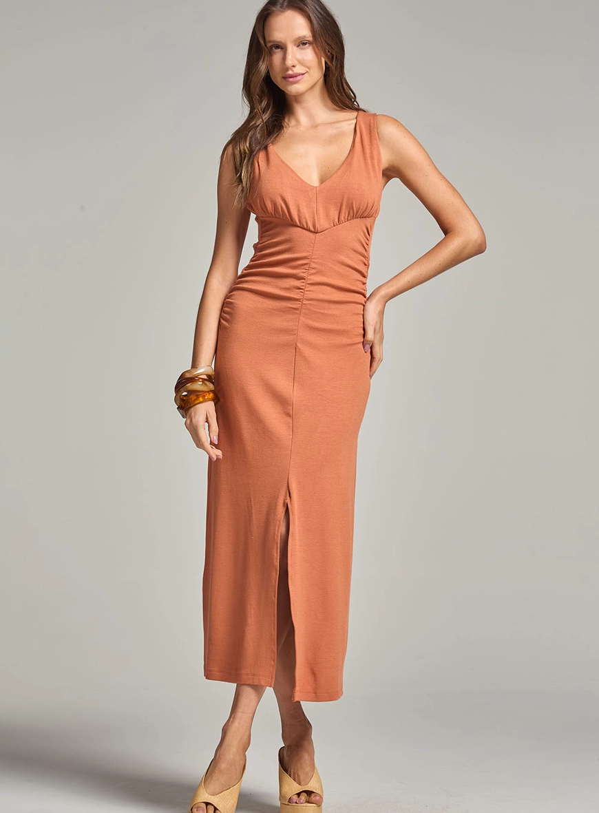Vestido Slim Midi Com Drapeado Marrom 1
