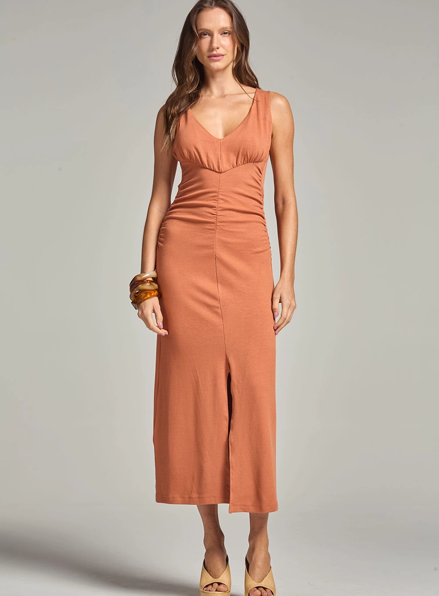 Vestido Slim Midi Com Drapeado Marrom 2