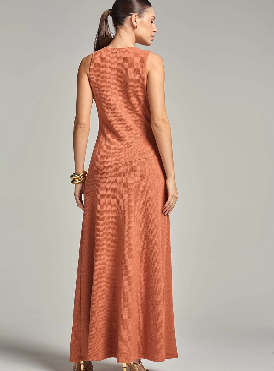Vestido Longo Comfort Godê Com Fenda Marrom 4