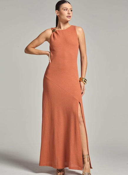 Vestido Longo Comfort Godê Com Fenda