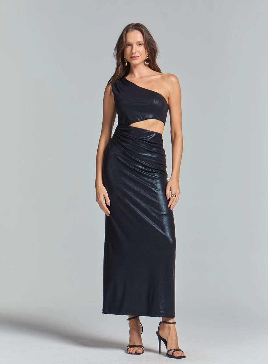 Vestido Longo Slim Midi Com Brilho Ombro Só Preto 2