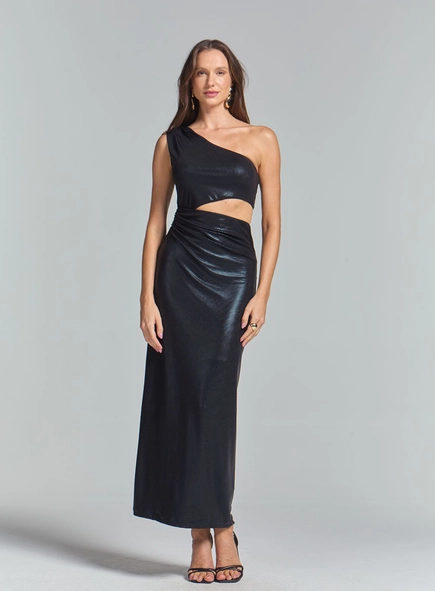 Vestido Longo Slim Midi Com Brilho Ombro Só
