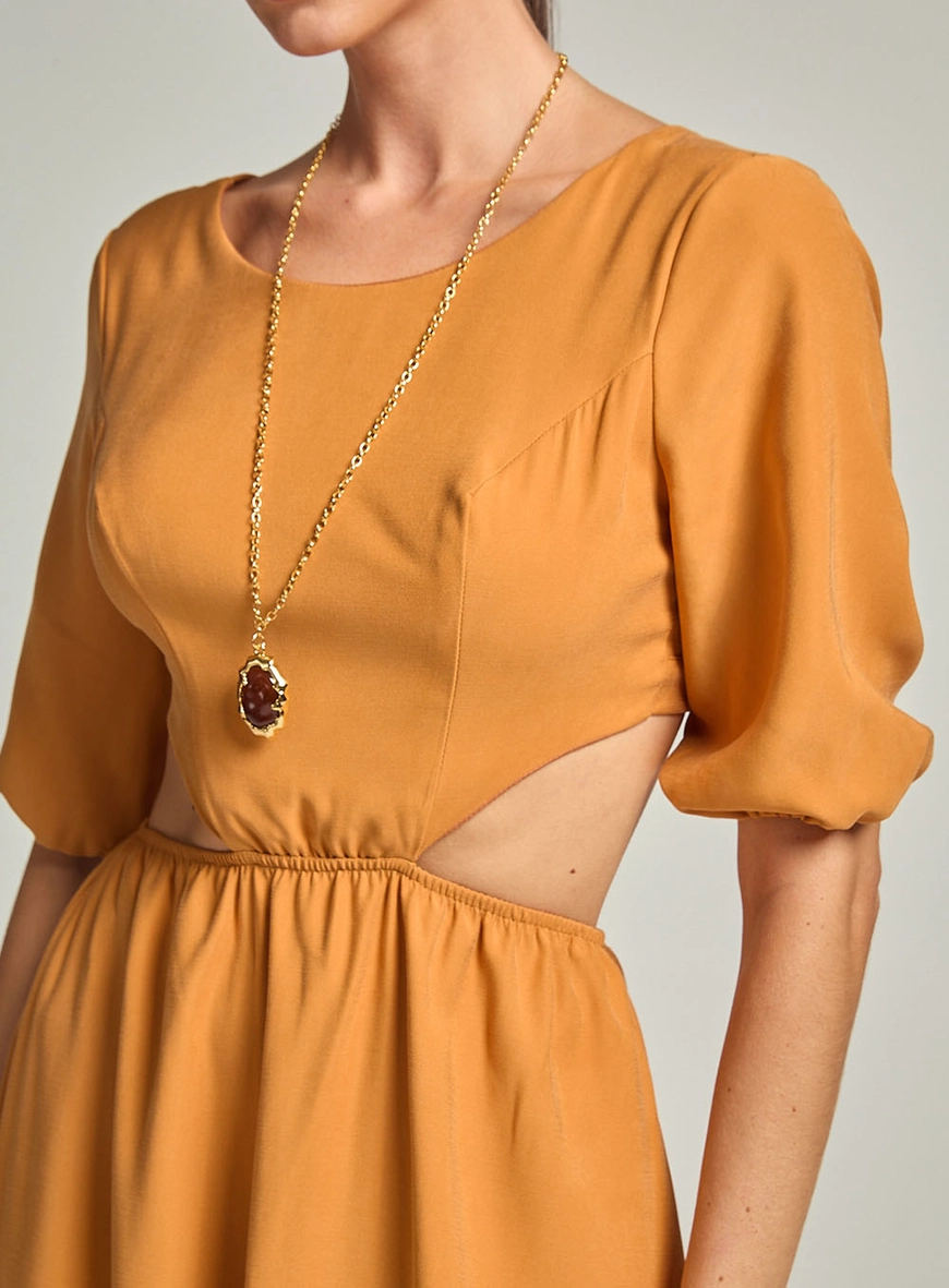 Vestido Midi Com Franzidos E Amarração Marrom 3