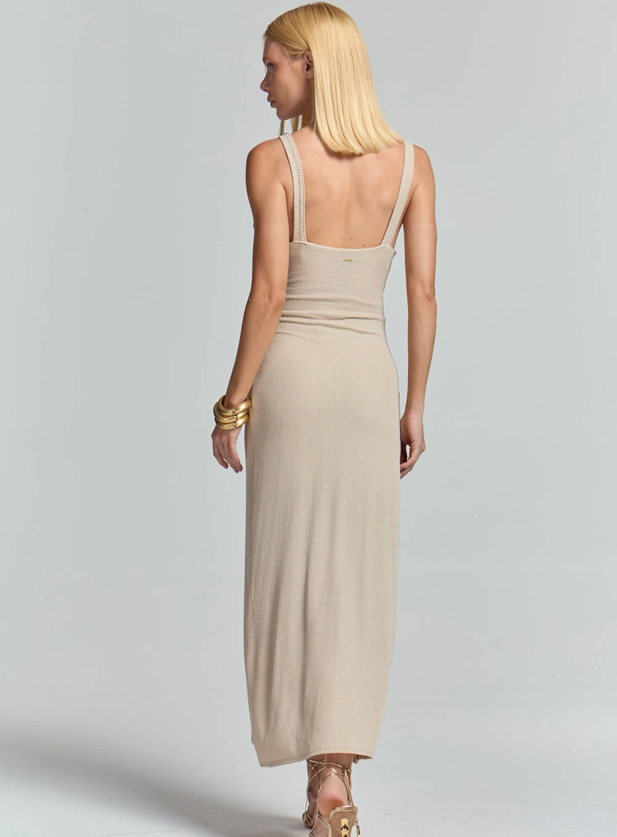 Vestido Longo Slim Com Decote V E Fenda Bege 4