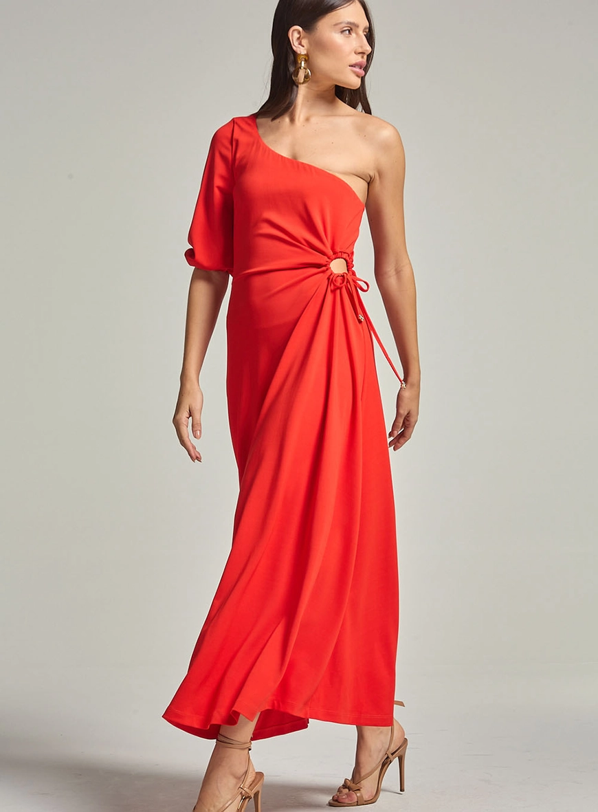 Vestido Longo Evasê De Um Ombro Só Com Detalhe Vermelho 1