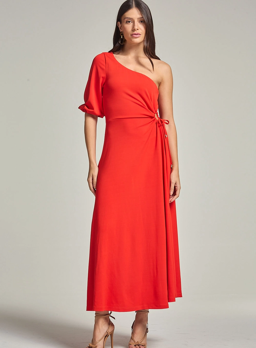 Vestido Longo Evasê De Um Ombro Só Com Detalhe Vermelho 2