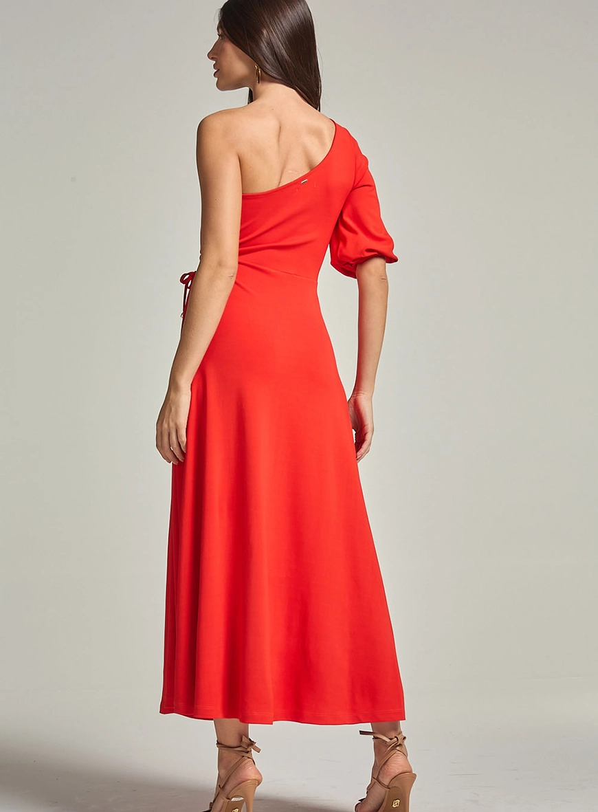 Vestido Longo Evasê De Um Ombro Só Com Detalhe Vermelho 4