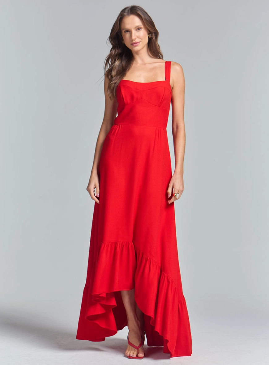 Vestido Longo Mullet Com Babados Na Barra Vermelho 1