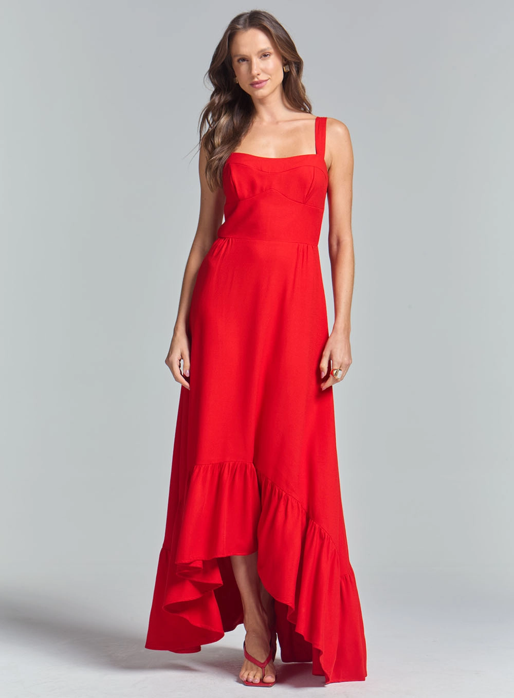Vestido Longo Mullet Com Babados Na Barra Vermelho 1