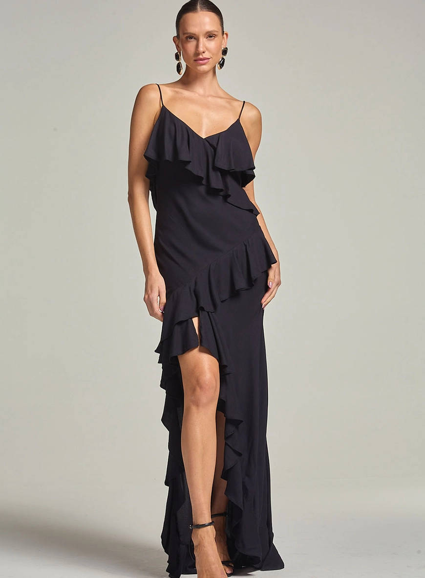 Vestido Com Babados Plissados E Fenda Preto 1