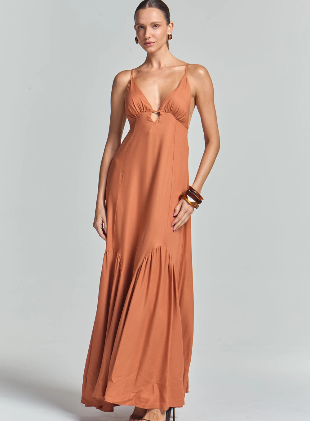 Vestido Godê Longo Com Detalhes Marrom 1