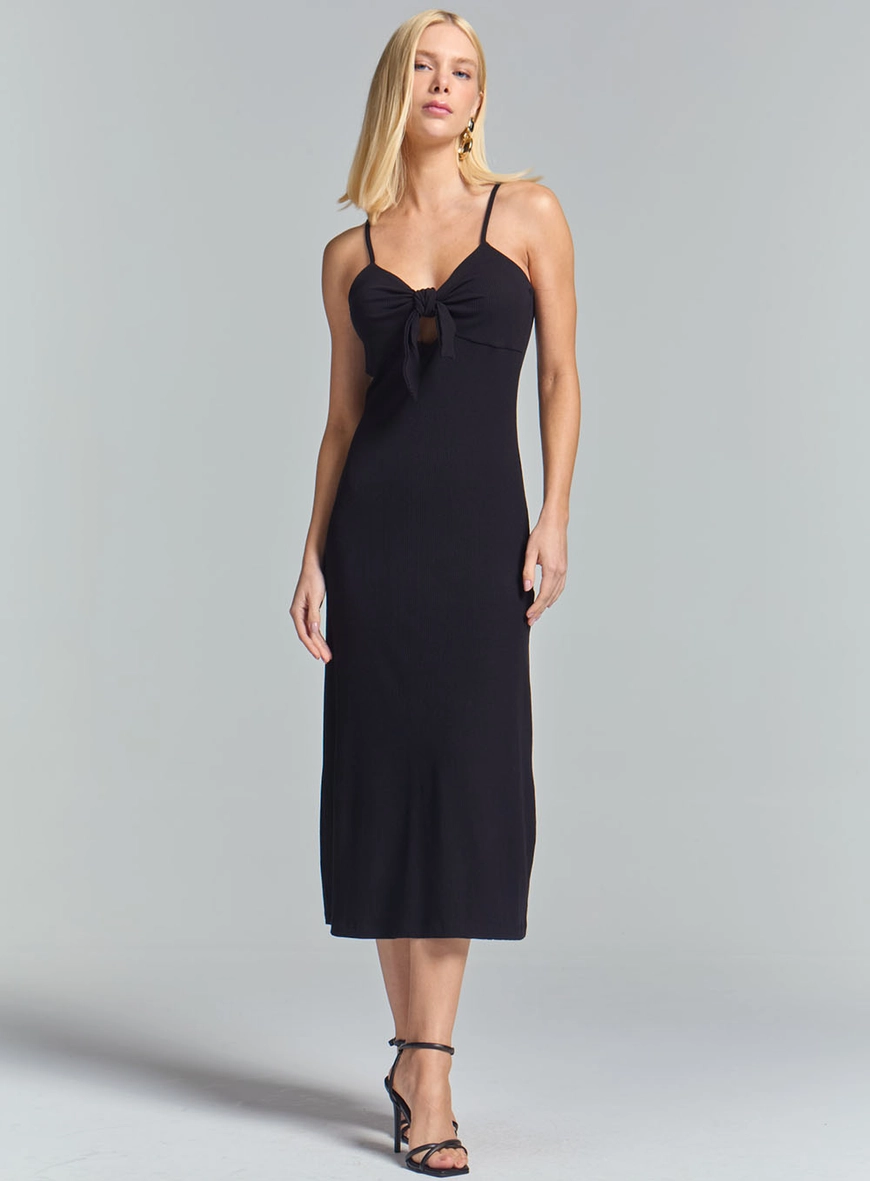 Vestido Slim Canelado Com Amarração E Alças Preto 1