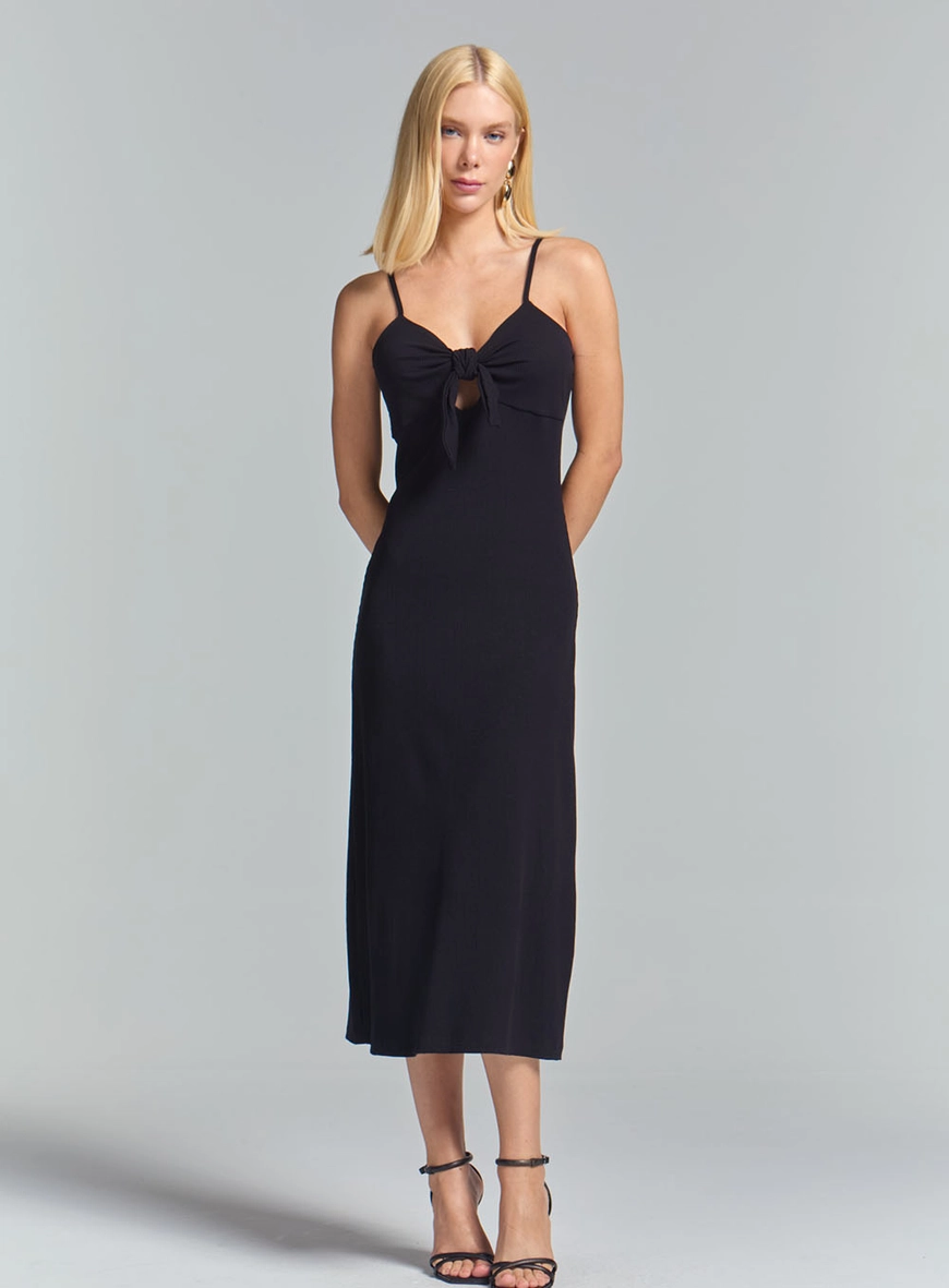 Vestido Slim Canelado Com Amarração E Alças Preto 2