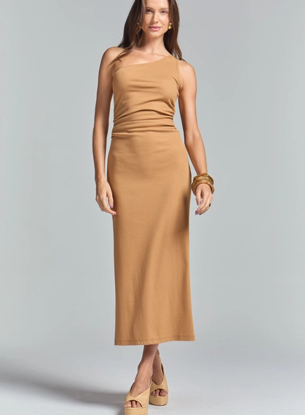 Vestido Canelado Slim Com Franzido Acinturado