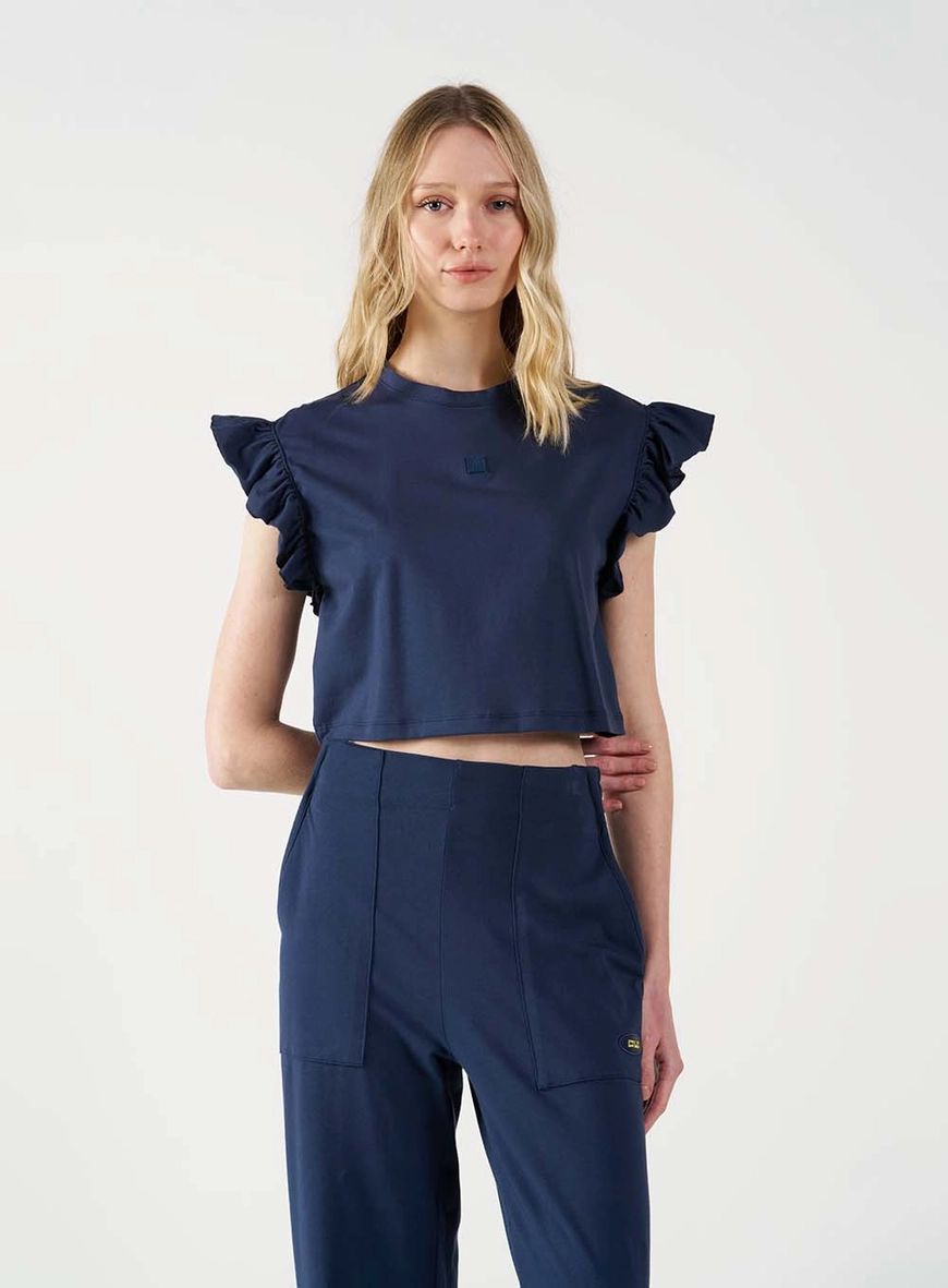 Camiseta Feminina Box Com Babados Nas Mangas Azul 1