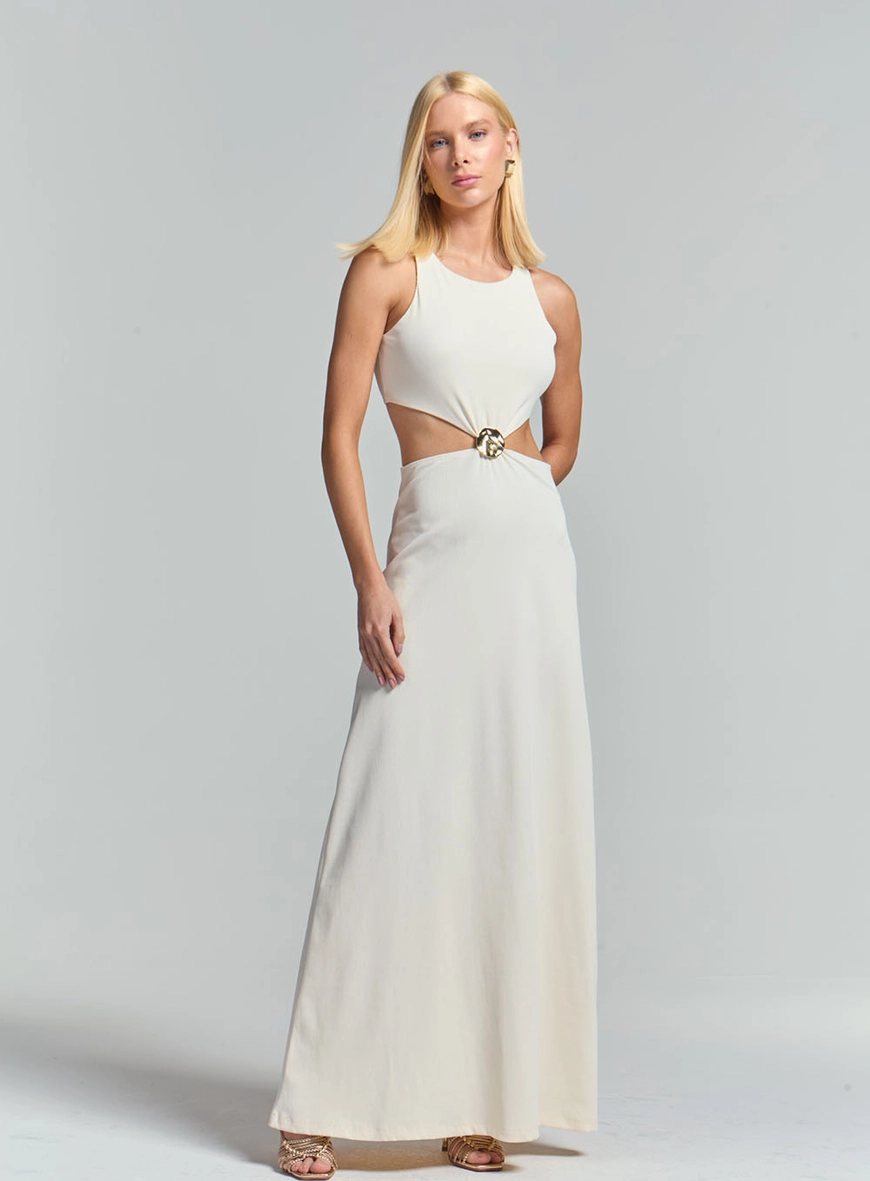 Vestido Evase Canelado Com Recortes E Detalhe Off Shell 1