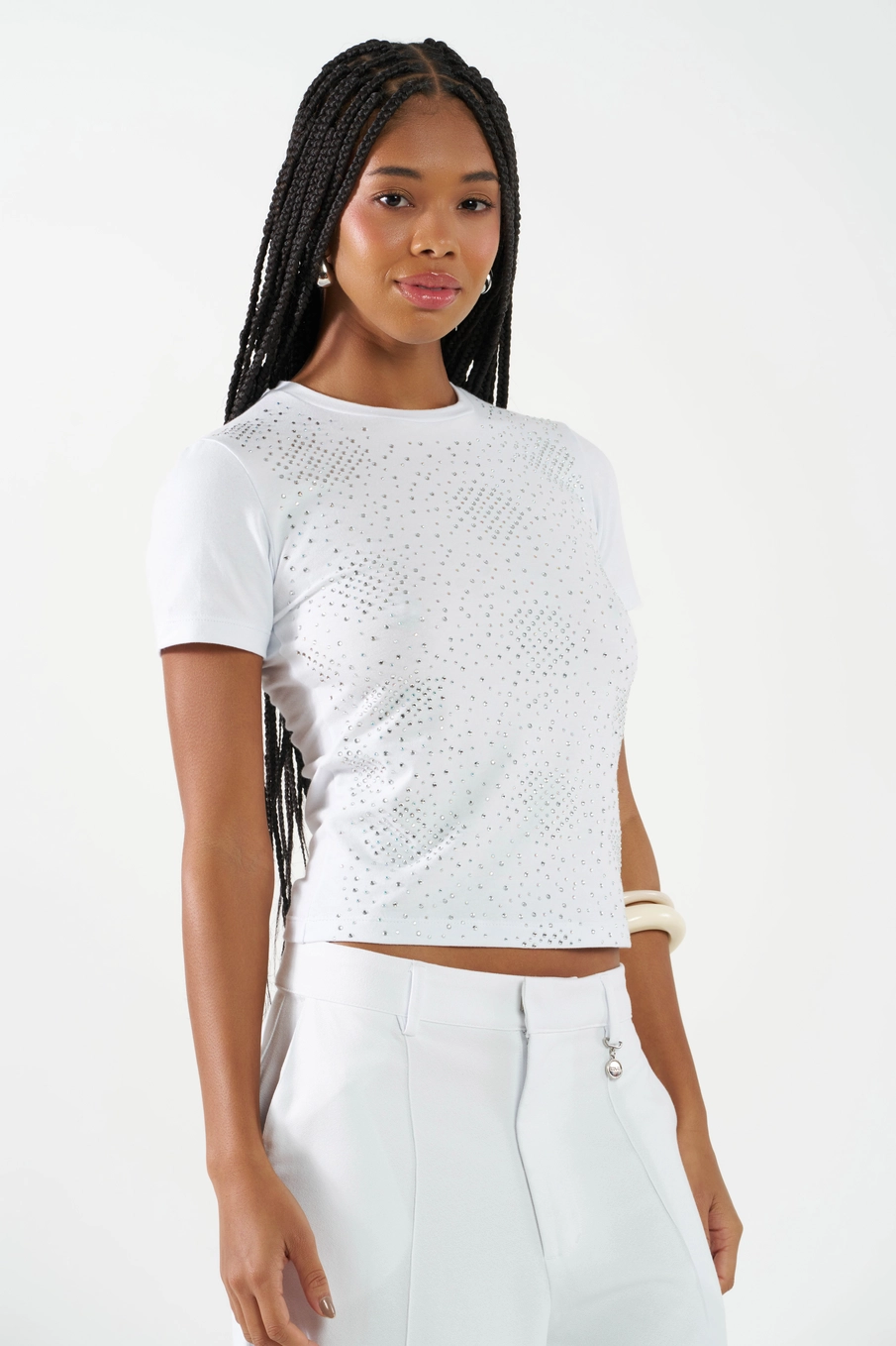 Camiseta Baby Look Com Aplicação Branco 1
