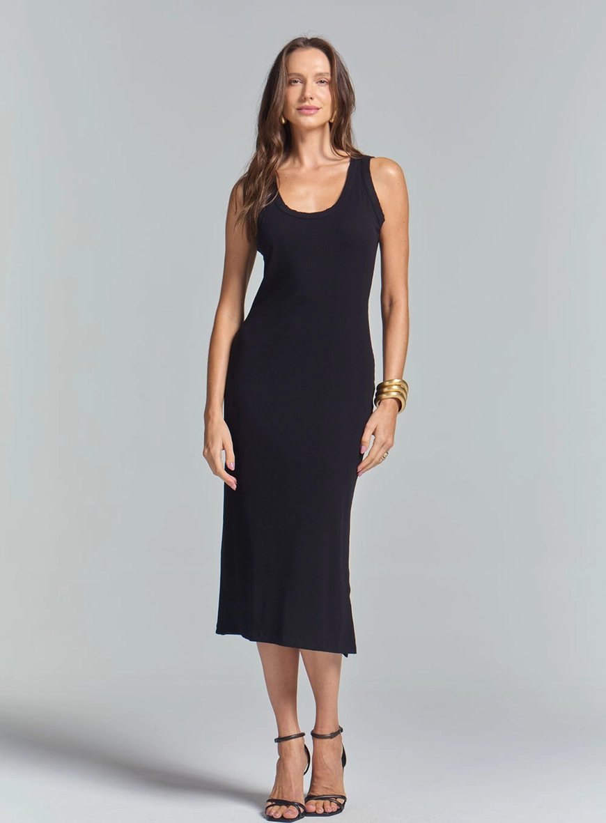 Vestido Slim Canelado E Abertura Lateral Preto 1