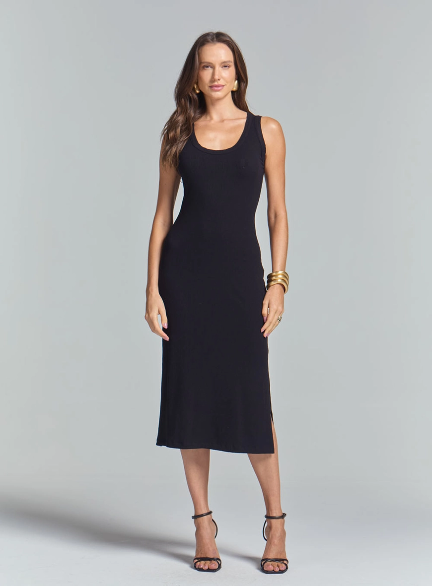 Vestido Slim Canelado E Abertura Lateral Preto 2