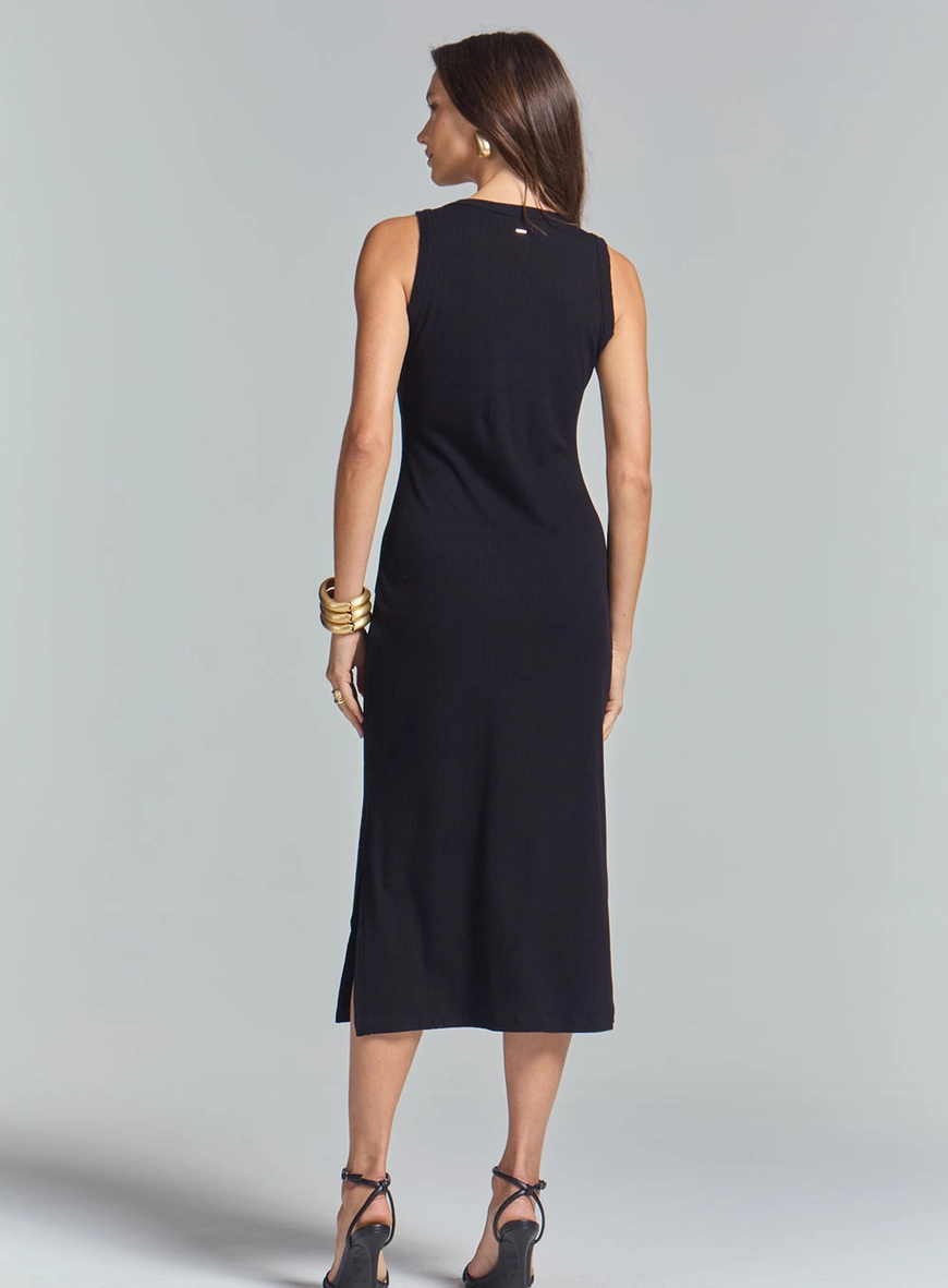 Vestido Slim Canelado E Abertura Lateral Preto 4