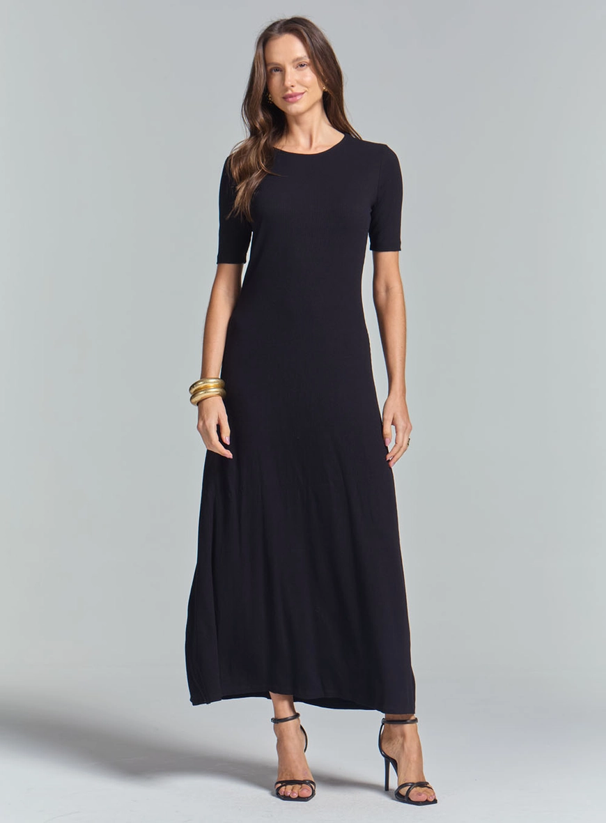 Vestido Longo Comfort Canelado Preto 1