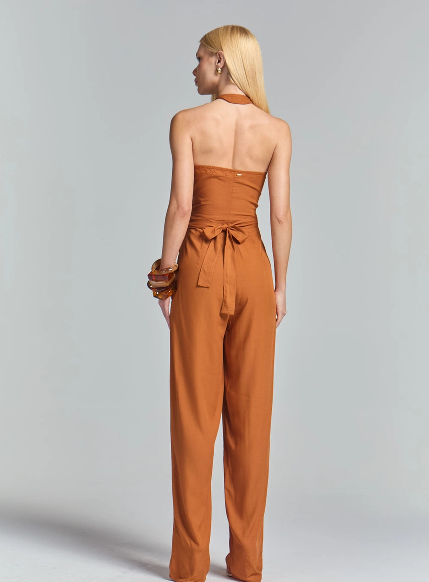 Macacão Wide Leg Com Decote V E Amarração Marrom 4