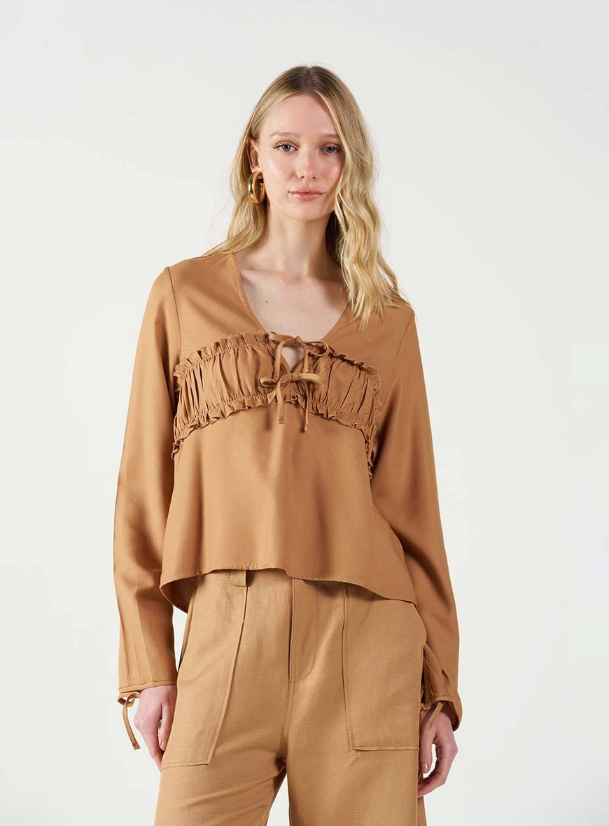 Blusa Manga Longa Comfy Com Amarração Marrom Delle 1
