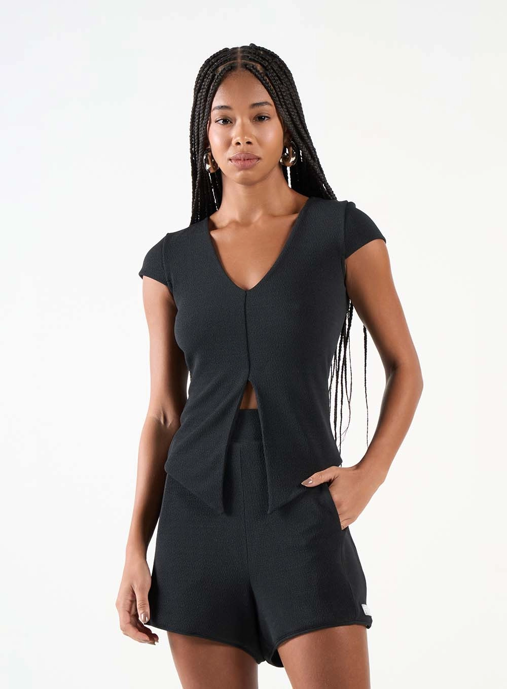 Blusa Slim Com Malha Texturizada Preto 1