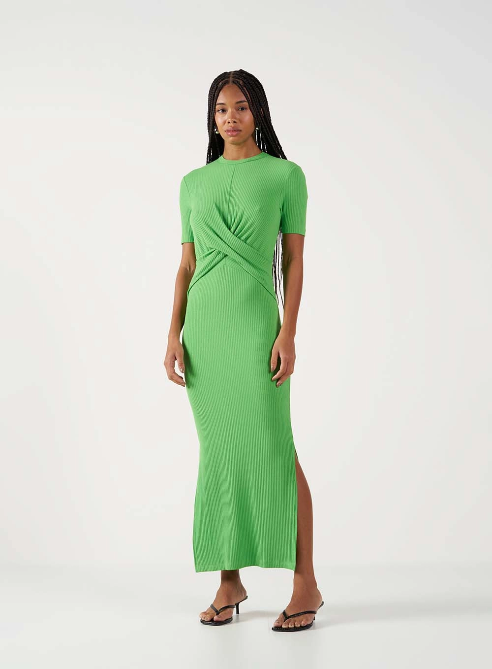 Vestido Midi Canelado Com Transpasse E Fenda Verde 1