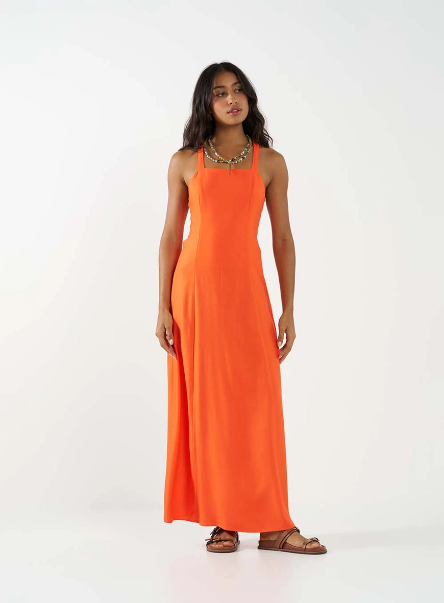 Vestido Midi Evasê Com Amarração Laranja 1