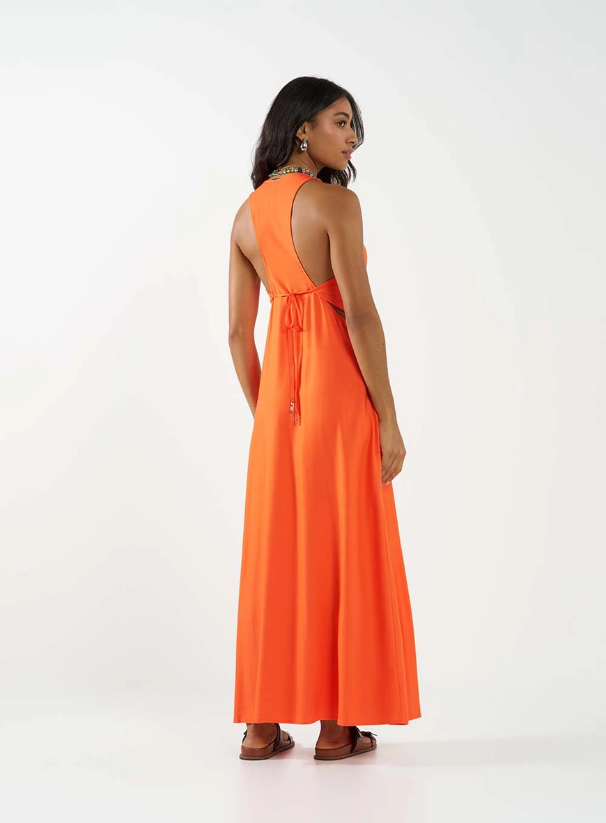 Vestido Midi Evasê Com Amarração Laranja 4