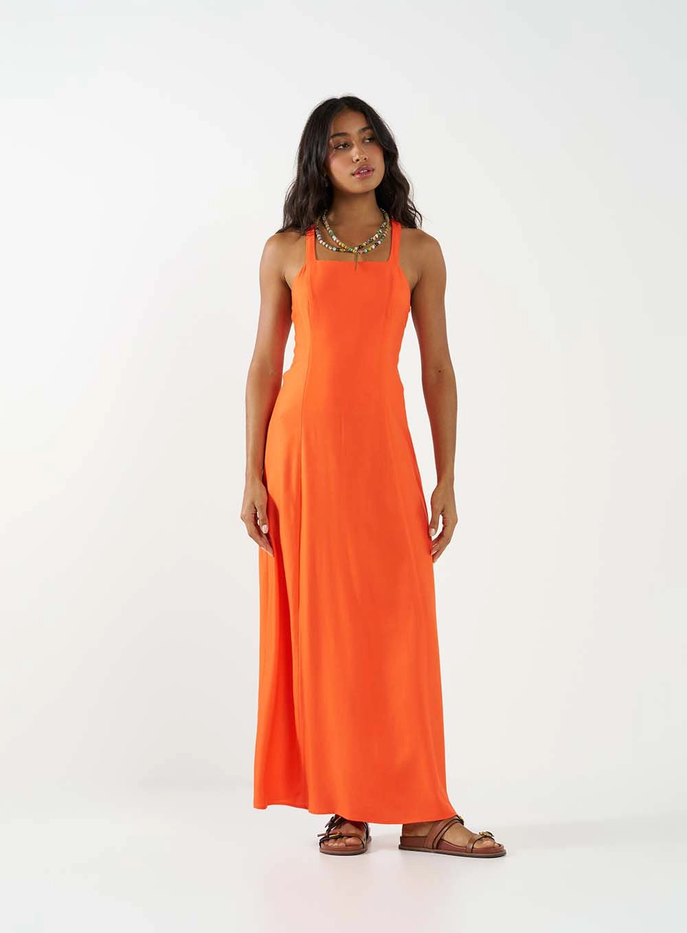 Vestido Midi Evasê Com Amarração Laranja 1