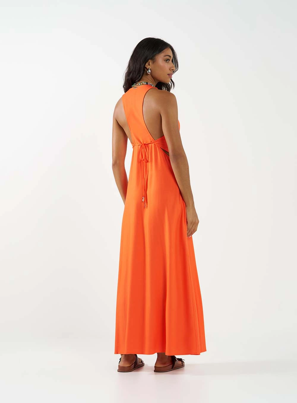 Vestido Midi Evasê Com Amarração Laranja 4