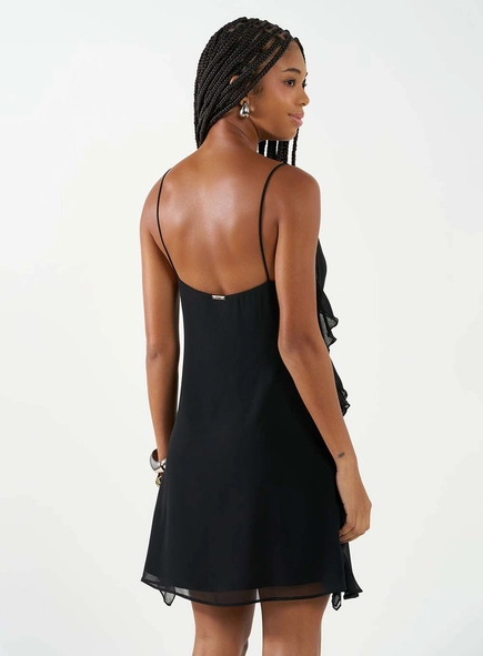 Vestido Curto Decote Degagê E Babados Assimétricos