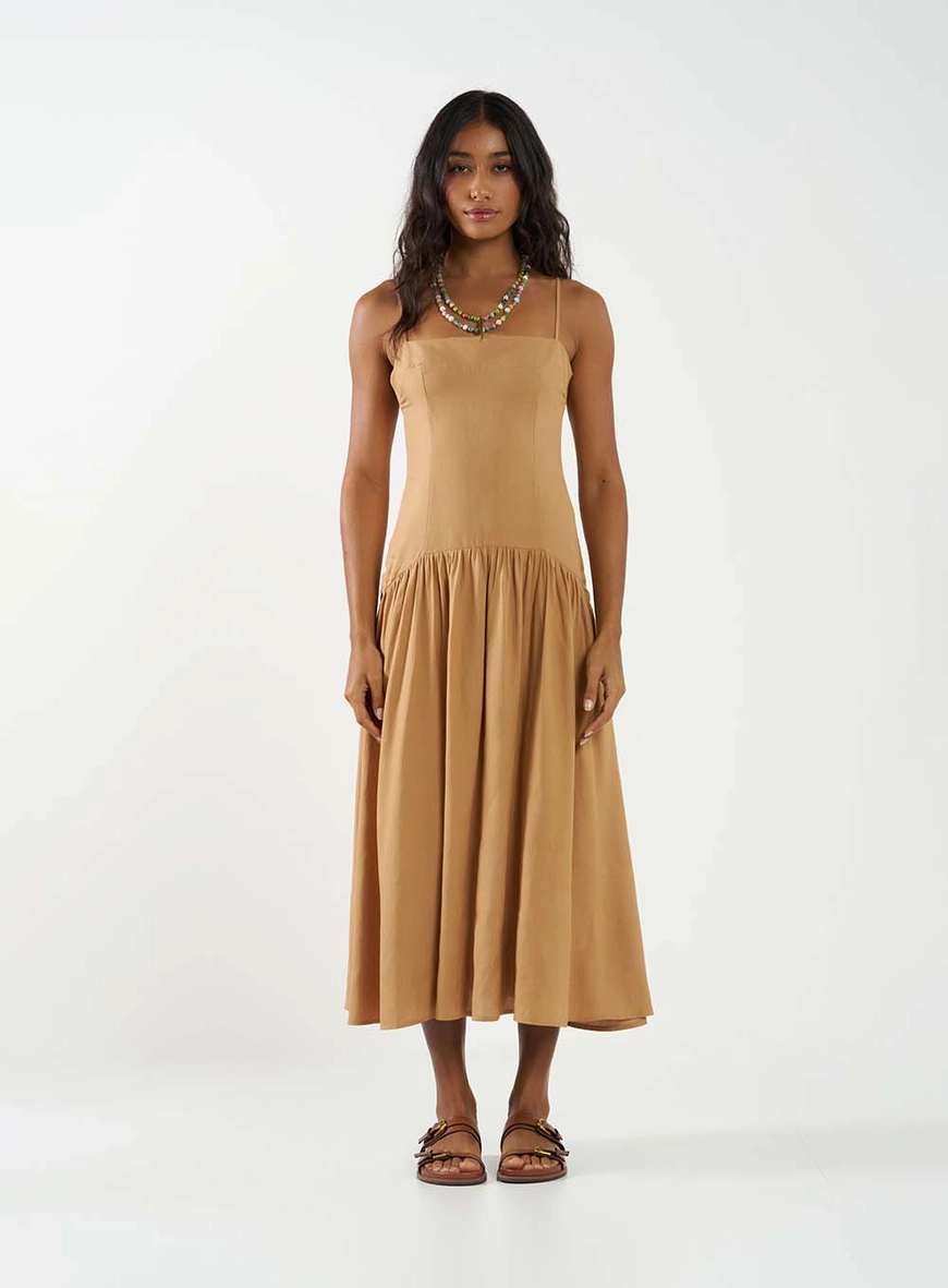 Vestido Midi Slim Com Detalhe Franzido Marrom Delle 1