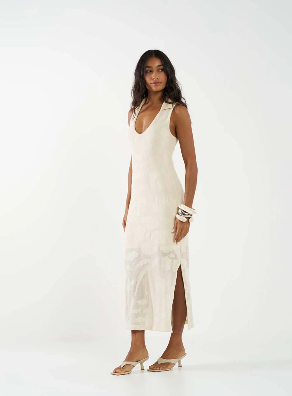 Vestido Midi Slim Com Fenda Estampado Bege Italian 1