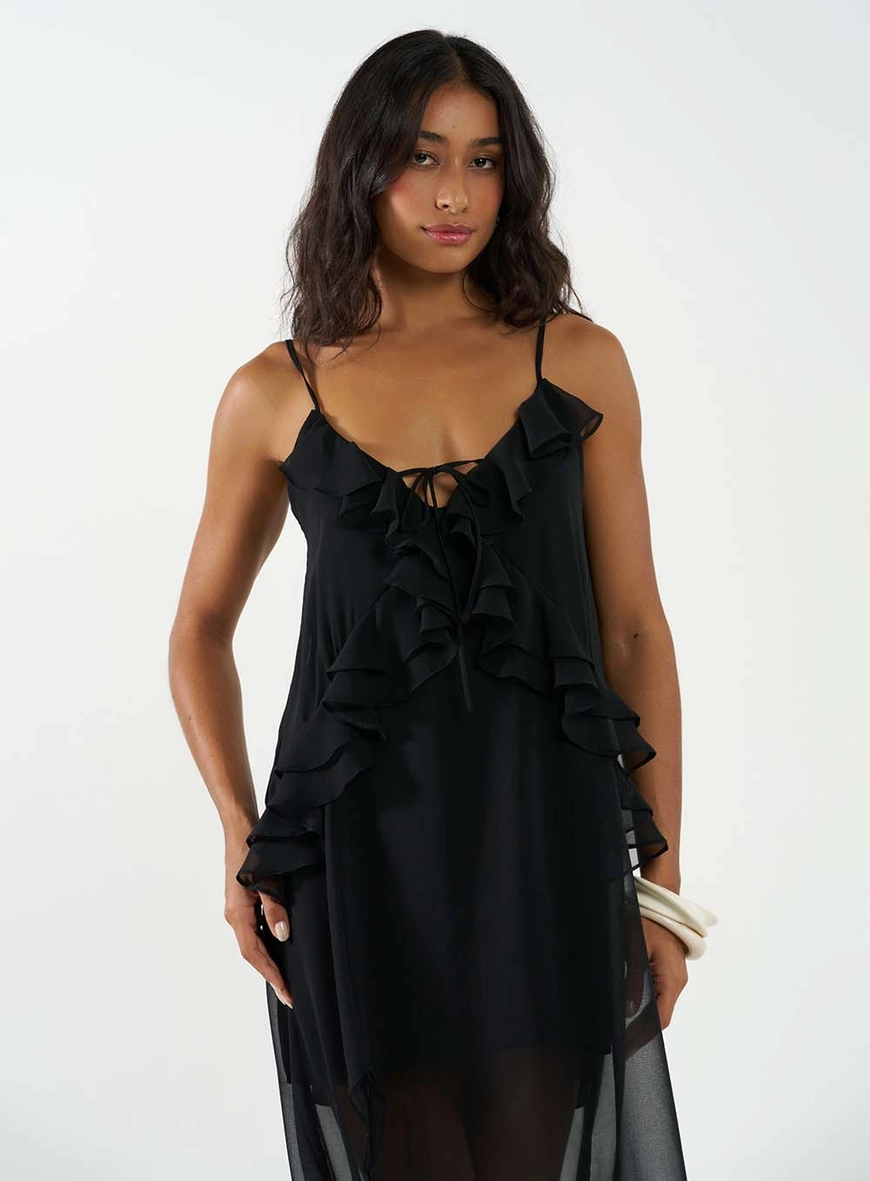 Vestido Midi Assimétrico Com Babados Preto 2
