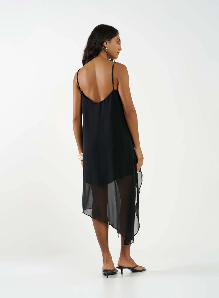 Vestido Midi Assimétrico Com Babados Preto 4