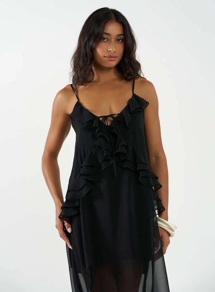 Vestido Midi Assimétrico Com Babados