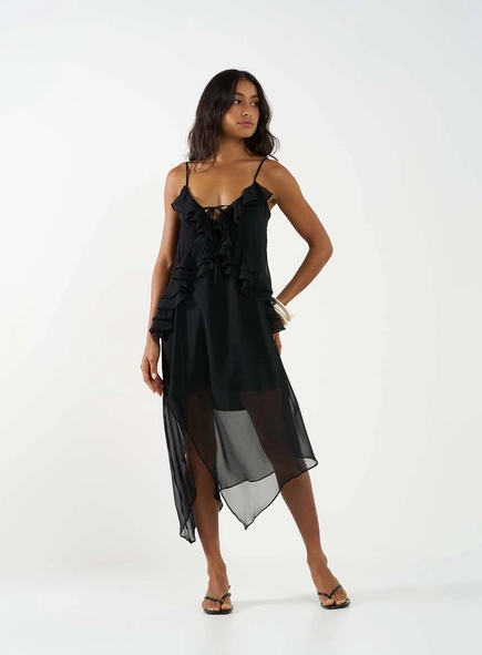 Vestido Midi Assimétrico Com Babados