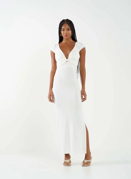 Vestido Midi Malha Creponada E Decote V